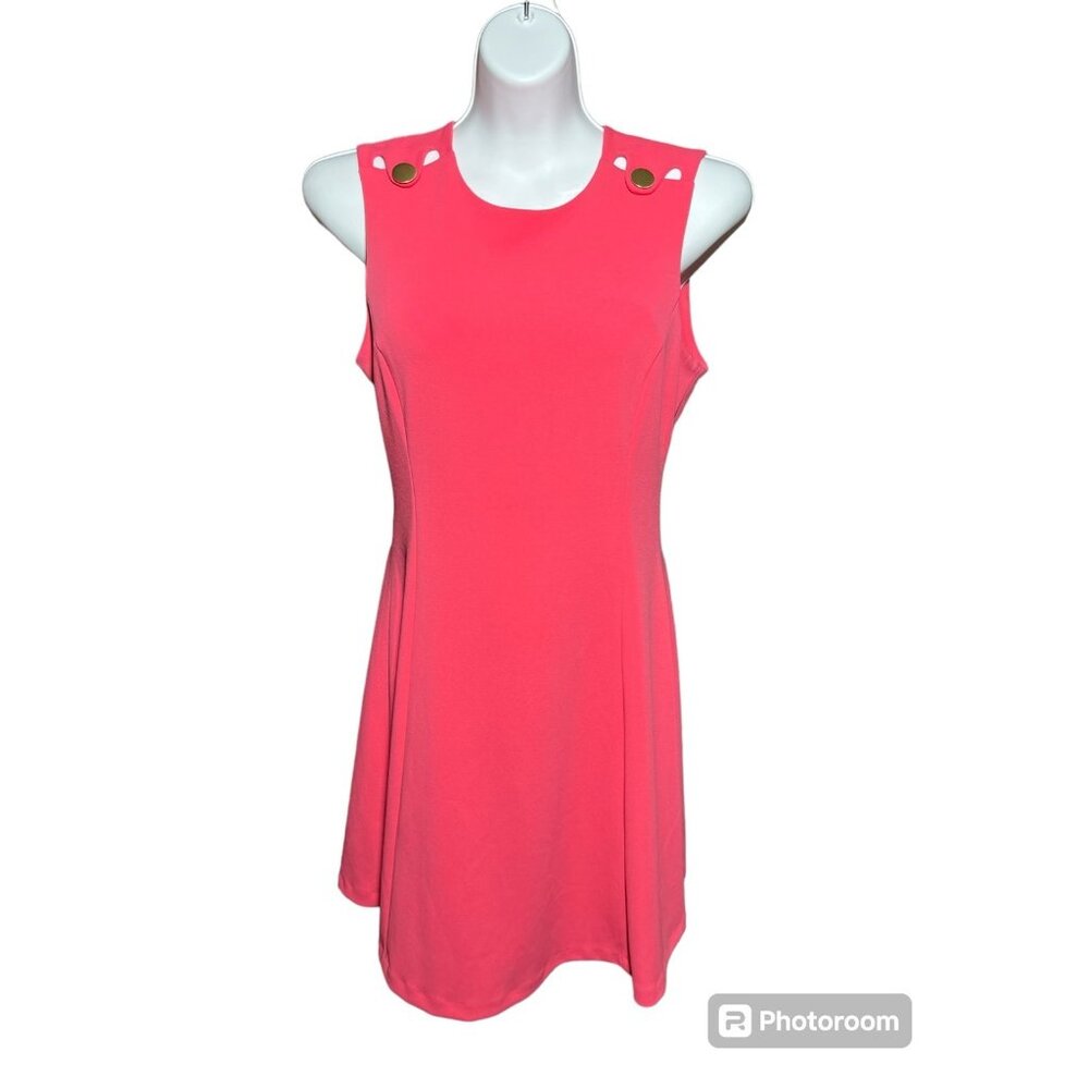 CALVIN KLEIN Women's Sleeveless Fit & Flare Dress Gold Button Detail size 8